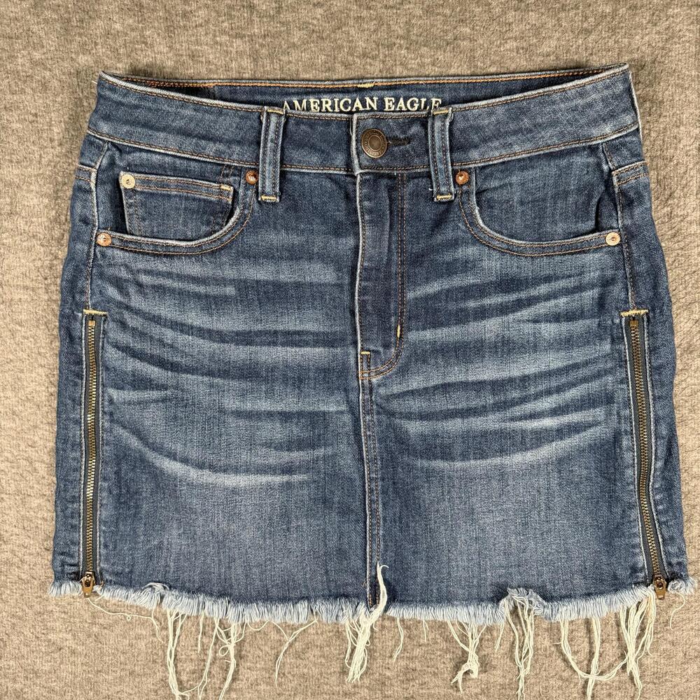 Y2K American Eagle Outfitters Skirt Womens 6 Blue Denim Mini Zipper Frayed Maxi